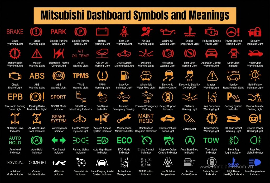 Giải mã ý nghĩa các ký hiệu đèn cảnh báo trên bảng đồng hồ xe Mitsubishi